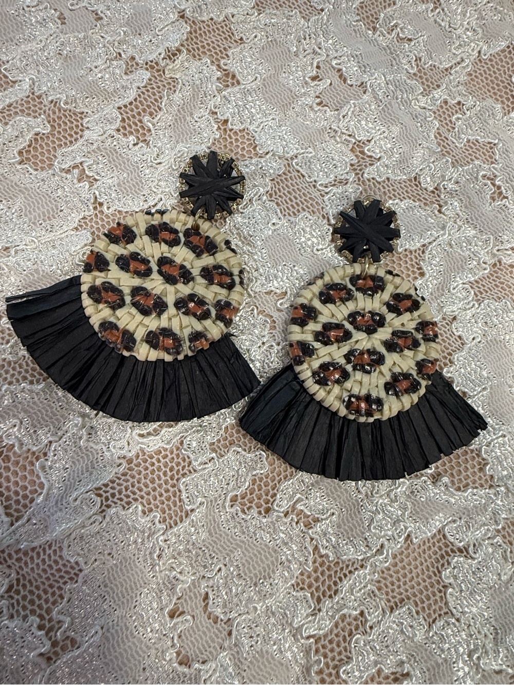 Leopard print statement artisan fan dangle drop boho earrings tan black